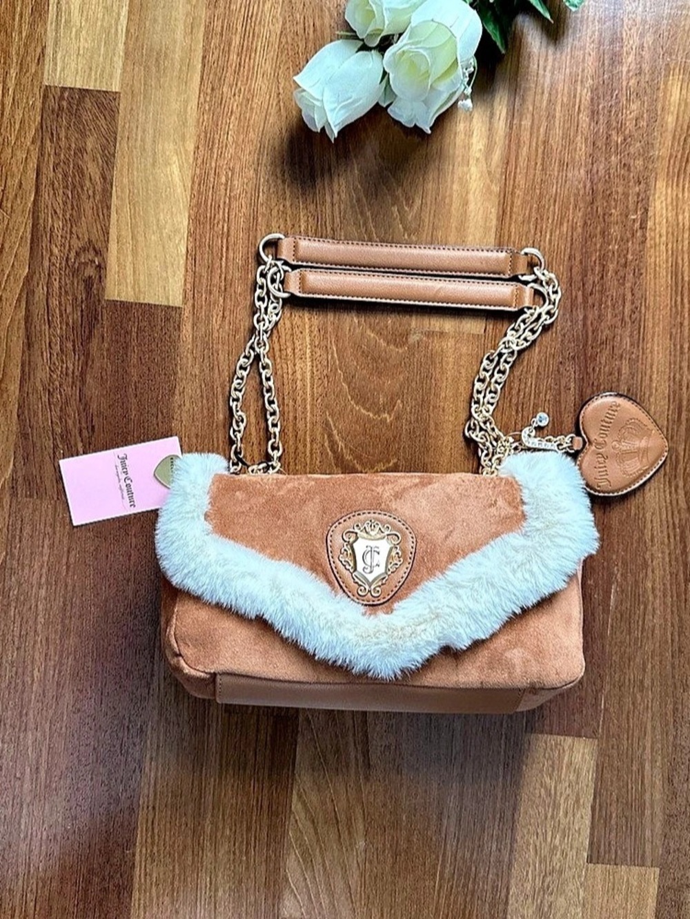 Juicy Couture Glamour Gang Flap Crossbody Faux Fur Trim Shoulder Bag in Brown &